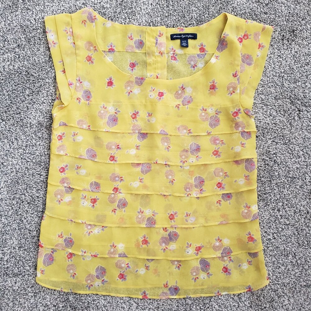 ***American Eagle Women's Size XS Sheer Yellow Ruffle Tiered Blouse***